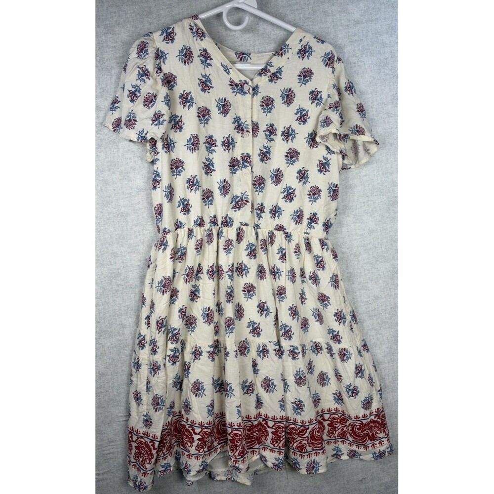 Peasant Dress Button Up Lined Floral Cream Cottage Core Size Lrg Elastic Waist